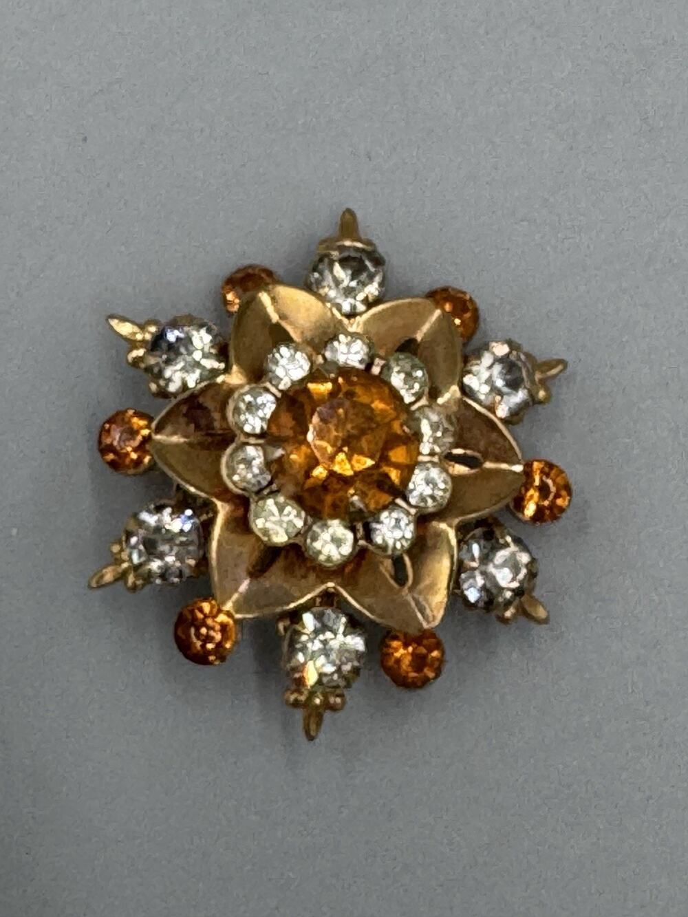 Vintage Orange Brown Clear Rhinestone Floral Shaped Flower Brooch Lapel Pin